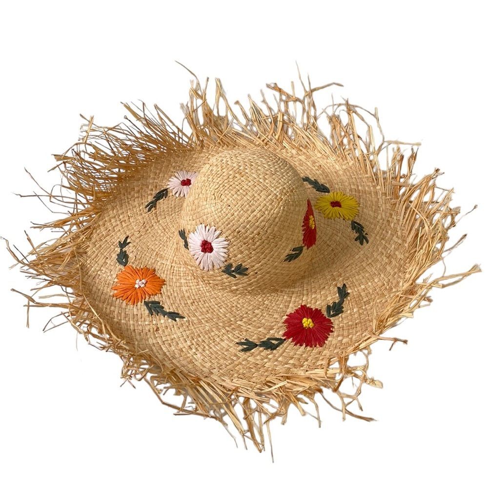 Hat Attack Charlotte Embroidered Floral Sunhat UPF 50+ Fringe Adjustable
